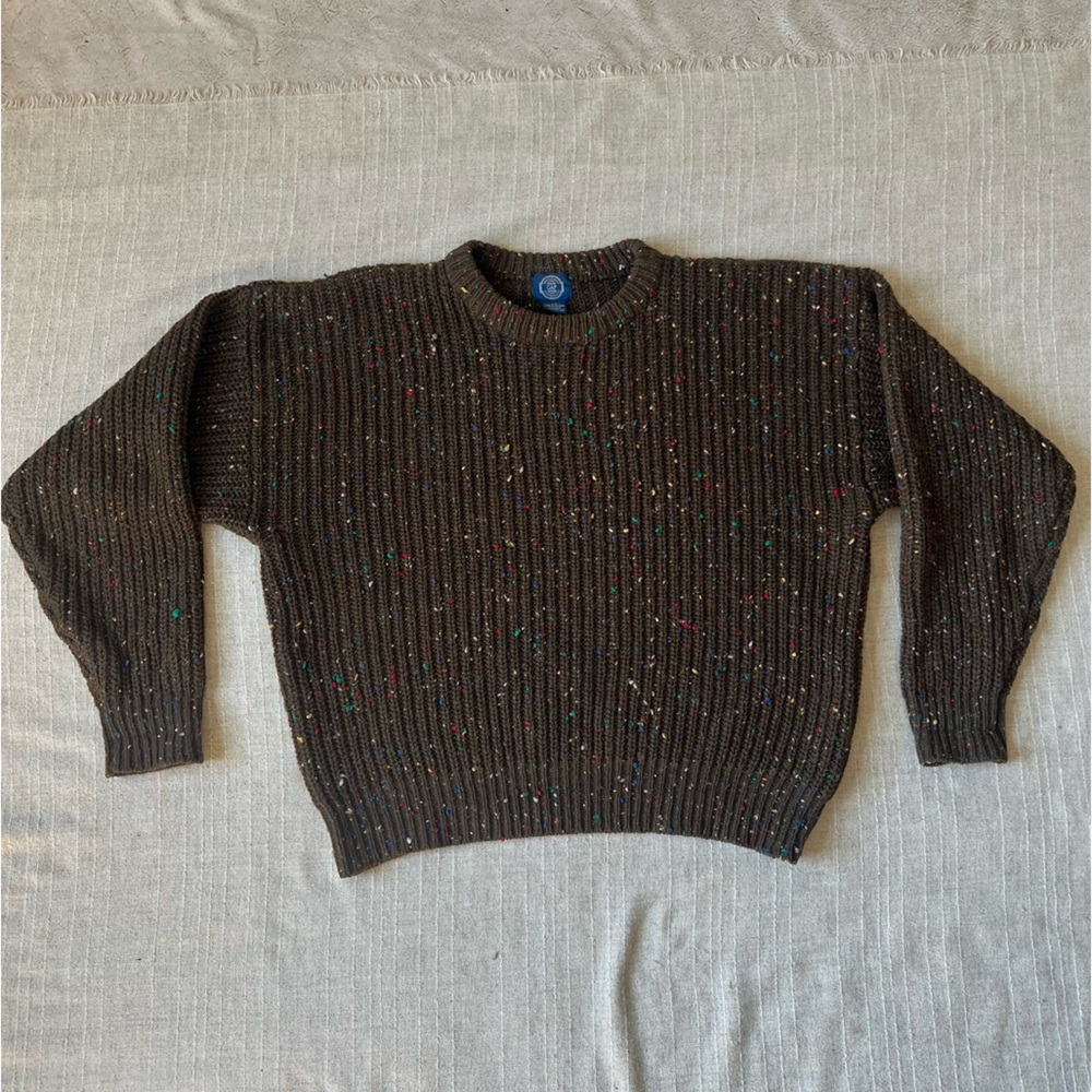 Vtg 90s GAP 100% Wool Speckled Dark Chocolate Brown Ribbed Chunky Knit Sweater